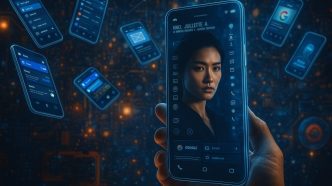 A futuristic hand-held smartphone scanning a digital profile amid floating smart devices