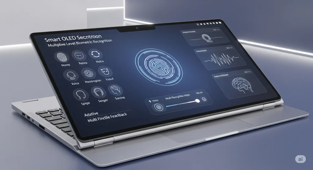 Smartphone with advanced security features including touchscreen lock, fingerprint scanner, and biometric facial recognition layer