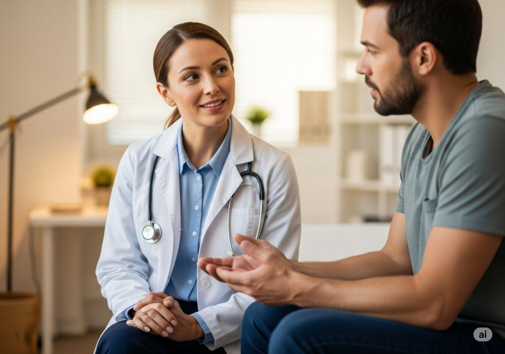 Female doctor attentively listening and interacting with a patient to provide patient-centered care