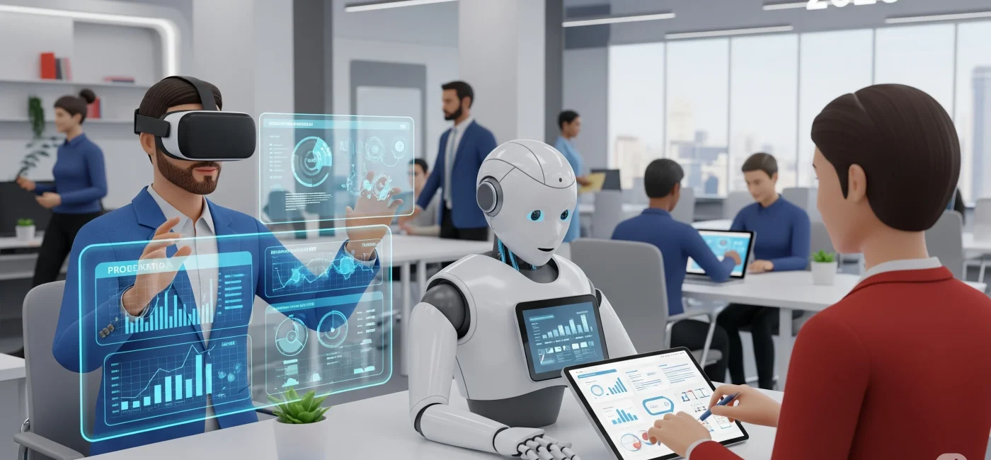 Illustration of artificial intelligence reshaping the future of work in 2025, with robots and humans working together in an office environment