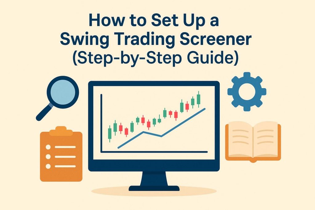 A trader configuring a swing trading screener on a multi-monitor setup, showing technical filter options like RSI, MACD, and moving averages for step-by-step setup