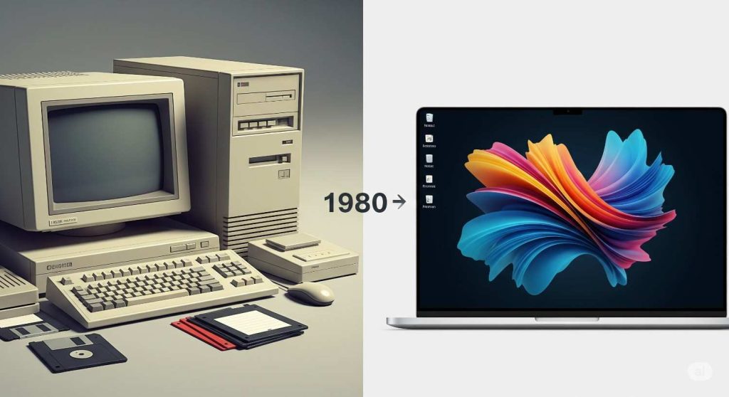  Evolution from bulky 1980s computers to sleek modern laptops