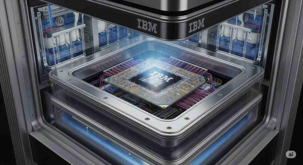 IBM quantum computer chip inside a supercooled refrigeration unit