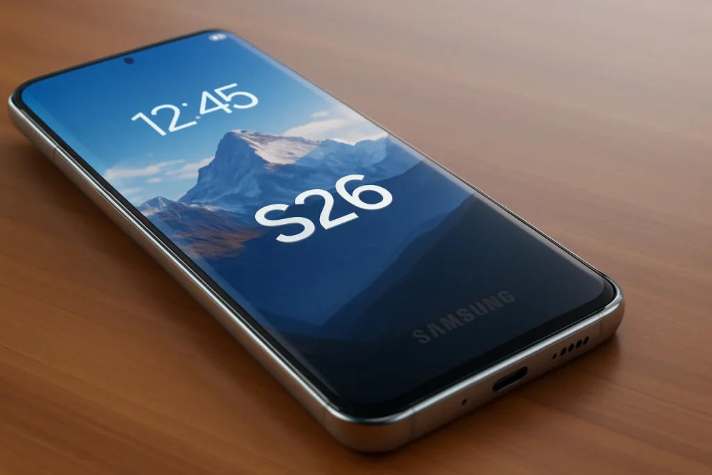 Samsung S26 smartphone with edge-to-edge curved display, sleek metal frame, and premium design resting on a wooden surface