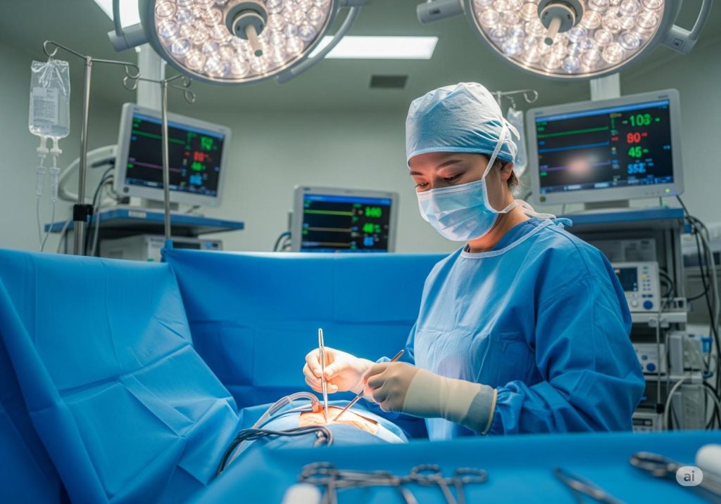A female surgeon performing a delicate procedure in an operating room, highlighting the unwavering skill and precision of women physicians.