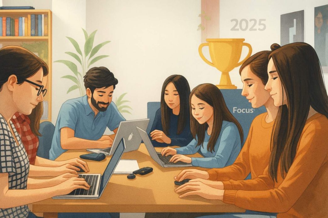 Illustration of a person climbing stairs labeled with learning skills like adaptability, communication, and focus to represent top abilities for success in 2025.