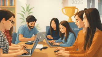 Illustration of a person climbing stairs labeled with learning skills like adaptability, communication, and focus to represent top abilities for success in 2025.