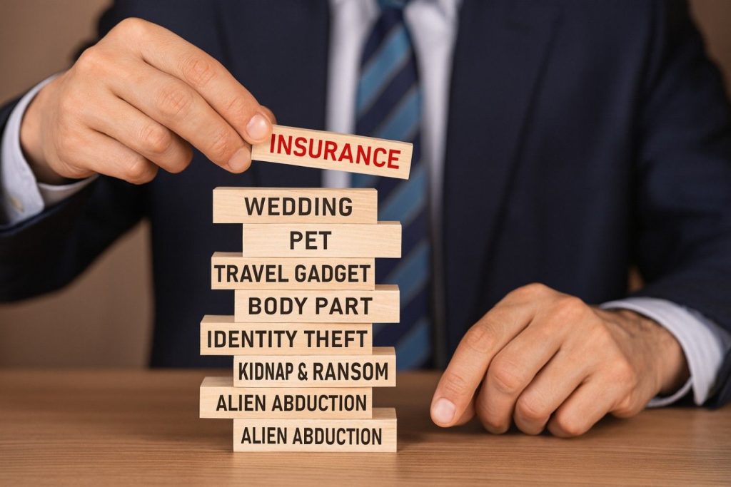 Jenga-style wooden blocks labeled with unknown types of insurance like wedding, pet, gadget, and alien abduction stacked by a businessman.