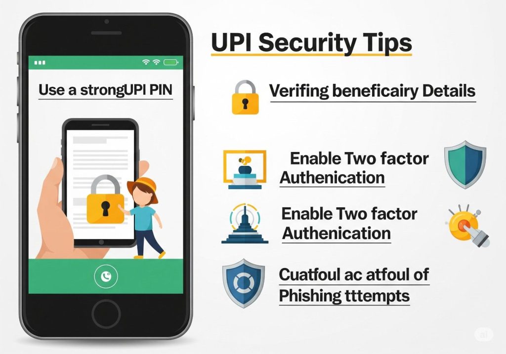 Security tips for using UPI in Bank of India including pin safety biometric locks and safe app installation