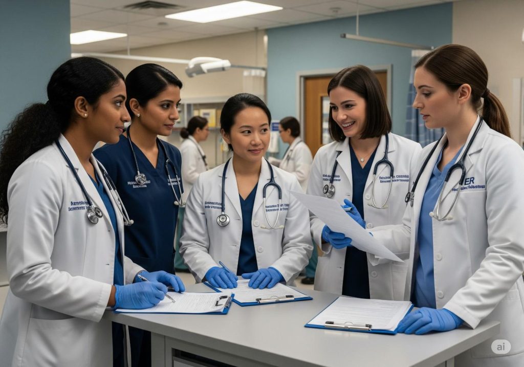 A diverse group of female doctors collaborating in a professional medical setting,
