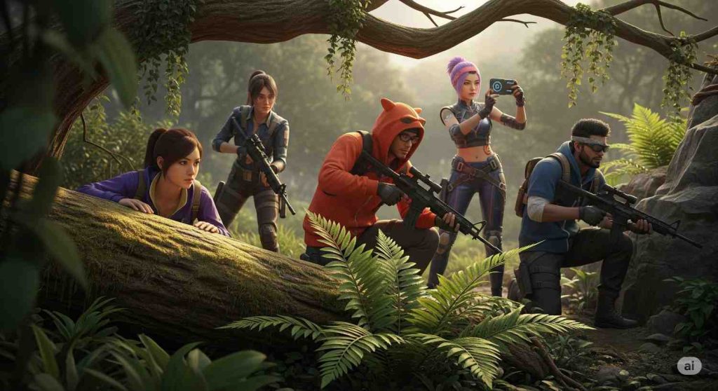 Top characters for Free Fire No Rush Strategy including K, Alok, Maxim, and Dasha used for survival, healing, and zone control