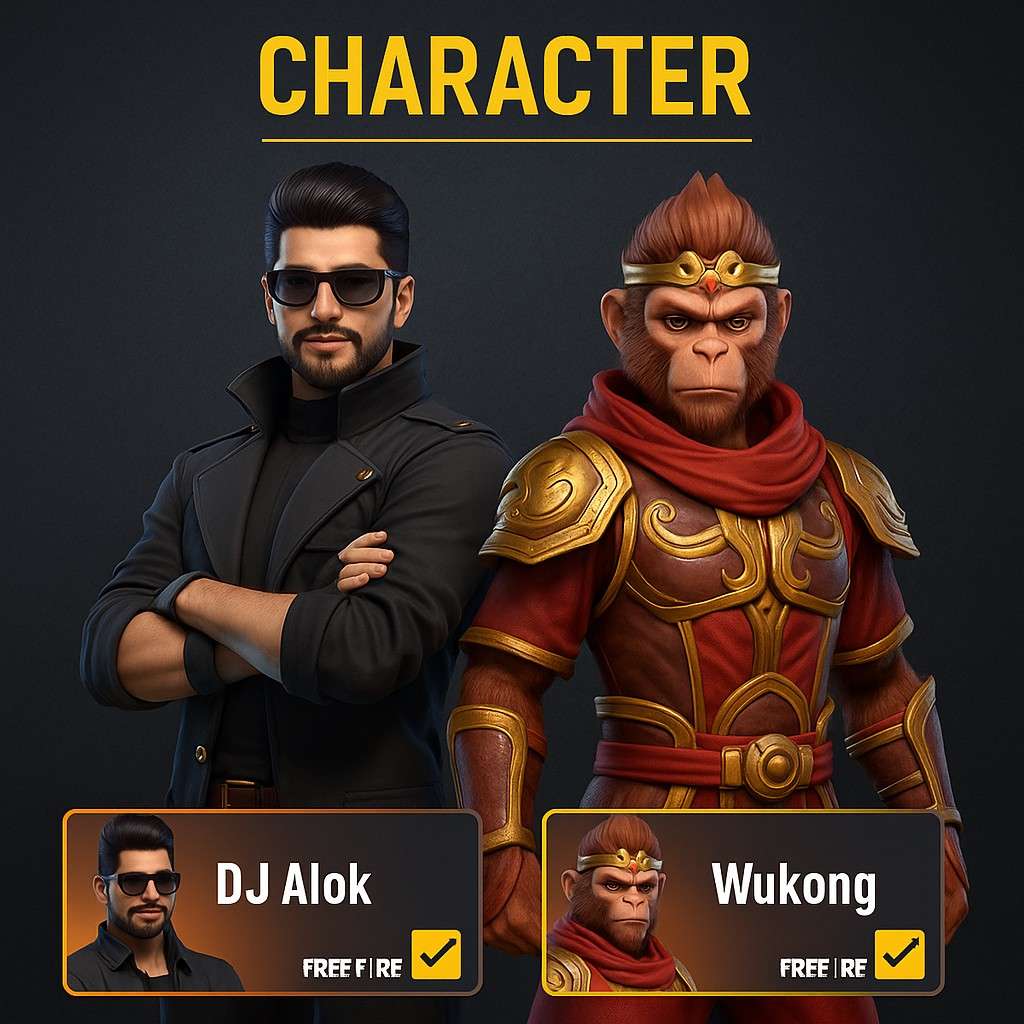 DJ Alok and Wukong selected on Free Fire character screen