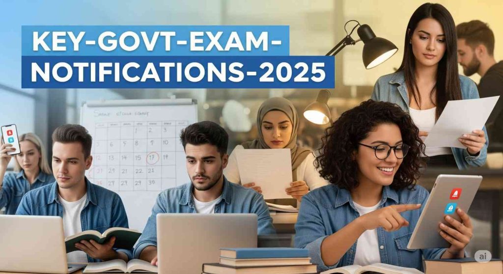 Key govt exam notifications for 2025 with details on major departments, competitive exams, and thousands of vacancies for latest govt jobs aspirants.