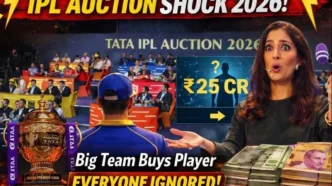 IPL Auction Shock 2026 thumbnail showing IPL trophy, shocked presenter, player silhouette, and ₹25 crore bid with Indian rupee notes
