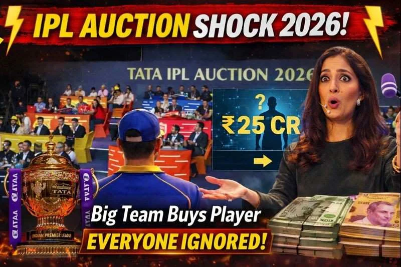 IPL Auction Shock 2026 thumbnail showing IPL trophy, shocked presenter, player silhouette, and ₹25 crore bid with Indian rupee notes