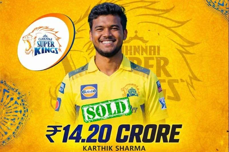Karthik Sharma sold for ₹14.20 crore to Chennai Super Kings, featured among the Top 5 Most Costly Players in IPL 2026
