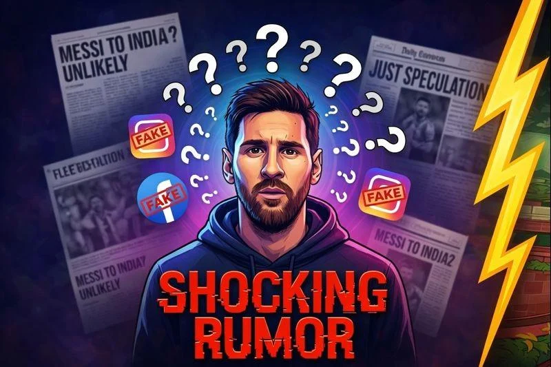 Messi India Visit shocking rumor illustration showing Lionel Messi surrounded by fake news icons and question marks