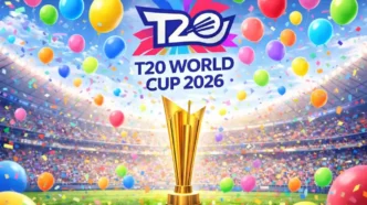 T20 World Cup 2026 trophy at a cricket stadium.