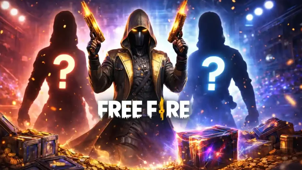Free Fire Next Collaboration event leak themed thumbnail with mystery characters and rewards.