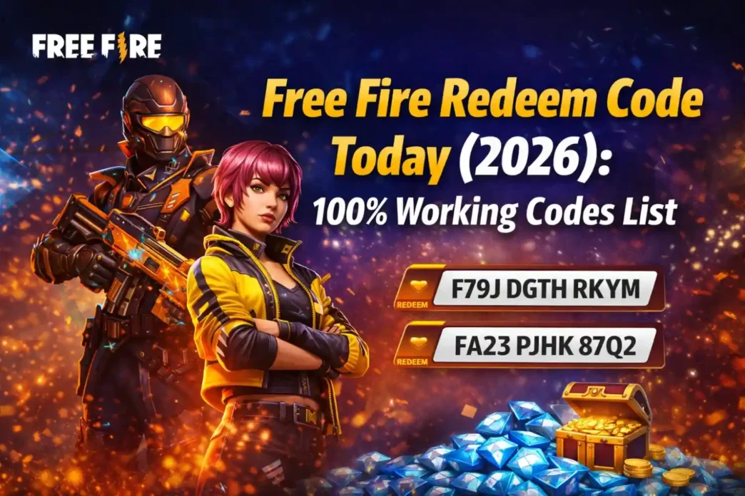 Free Fire Redeem Code Today (2026) showing 100% working codes to claim free diamonds, skins and rewards