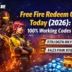 Free Fire Redeem Code Today (2026) showing 100% working codes to claim free diamonds, skins and rewards