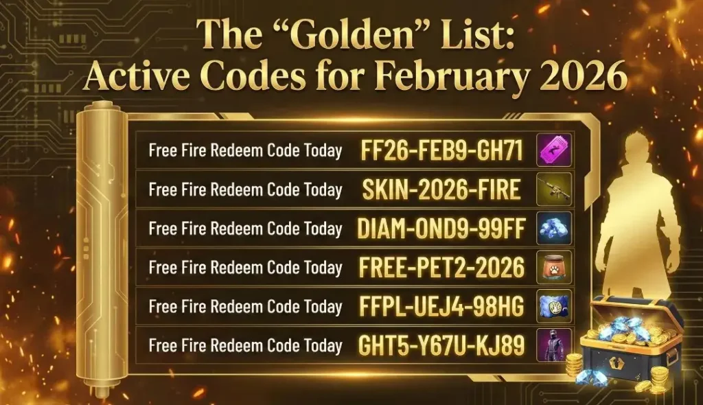 Free Fire Redeem Code Today (2026) showing the Golden List of active redeem codes for February