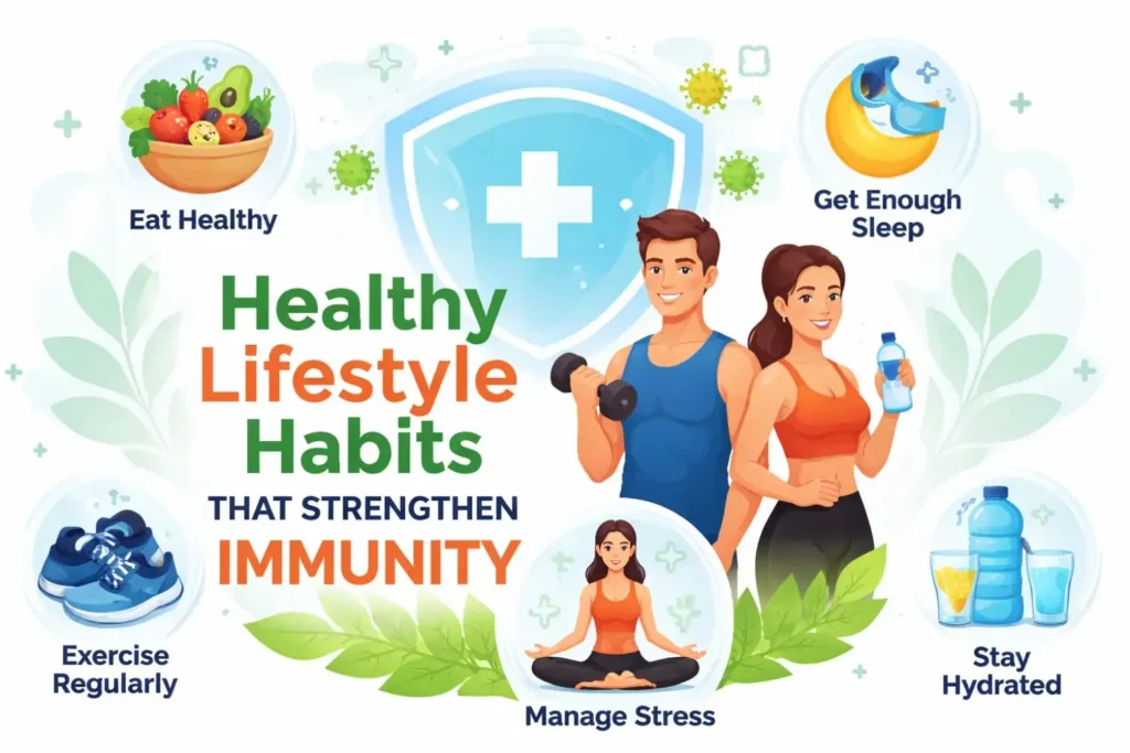 Healthy lifestyle habits that strengthen immunity including exercise, healthy food, good sleep, hydration, and stress management.
