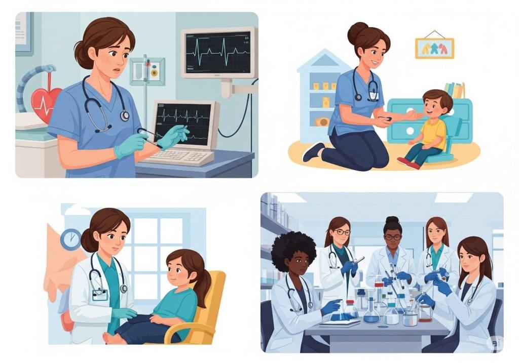 Illustrations or photos depicting female doctors in various medical specialties like cardiology, pediatrics, and research, showcasing the diverse impact of women physicians.