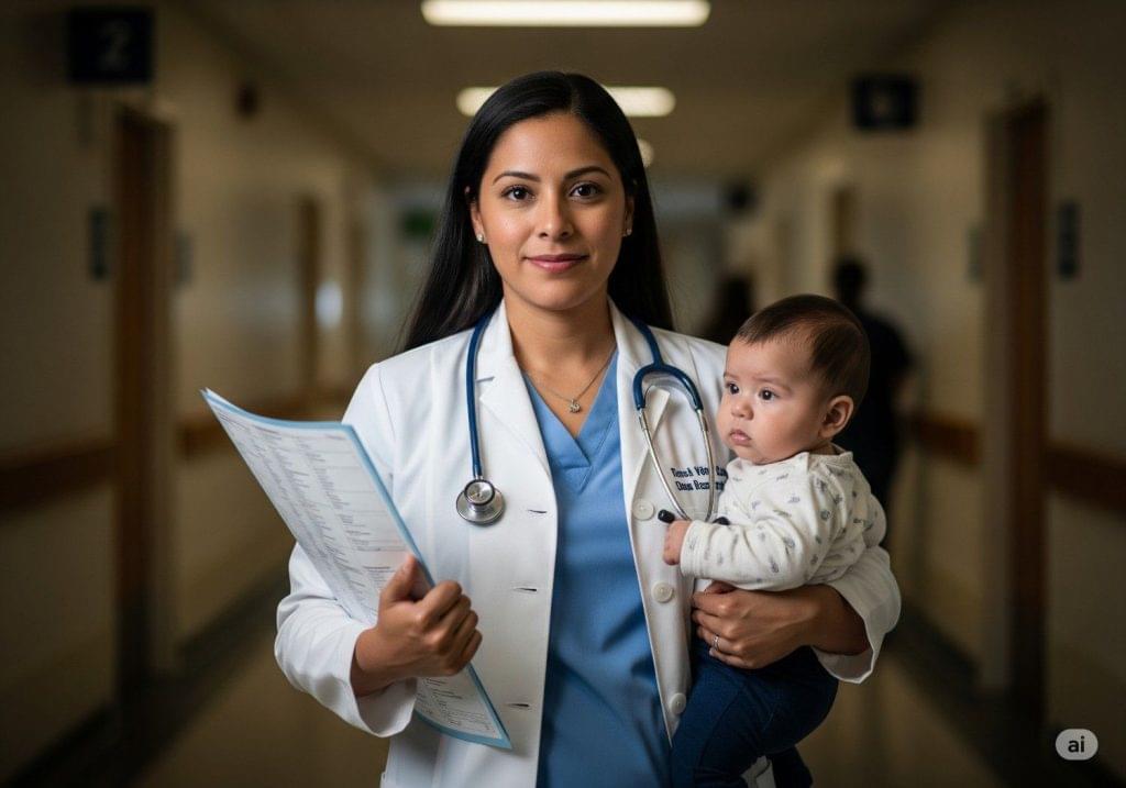 A female doctor balancing professional and personal life, representing the challenges and triumphs of women in medicine, and the need for better work-life balance