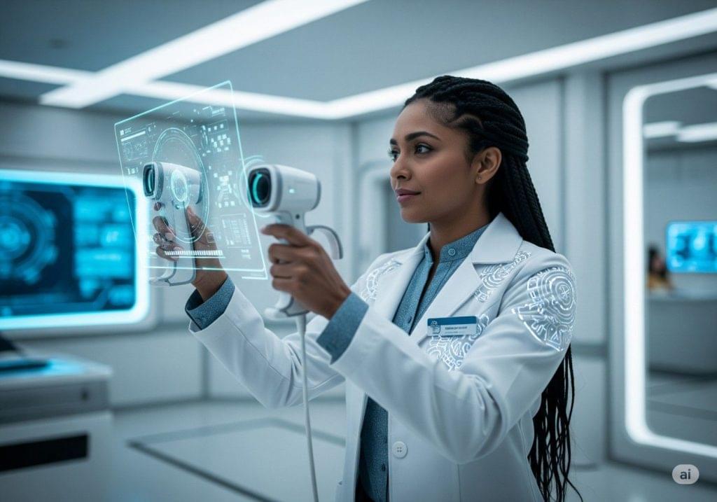 A futuristic or hopeful image of a female medical professional utilizing advanced technology, symbolizing the expanding horizons and innovative future for women in medicine.