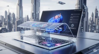 Futuristic 2050 laptop with holographic display, foldable touchscreen, and AI integration on a sleek, minimal desk