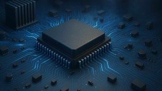 A detailed 3D-rendered image of a microprocessor chip on a glowing blue printed circuit board, surrounded by electronic components and illuminated data traces.