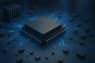 A detailed 3D-rendered image of a microprocessor chip on a glowing blue printed circuit board, surrounded by electronic components and illuminated data traces.