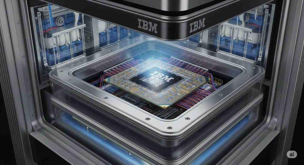 IBM quantum computer chip inside a supercooled refrigeration unit

