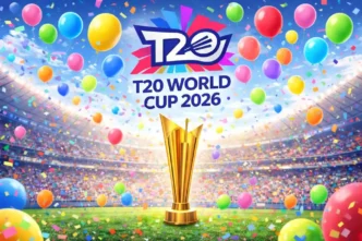 T20 World Cup 2026 trophy at a cricket stadium.