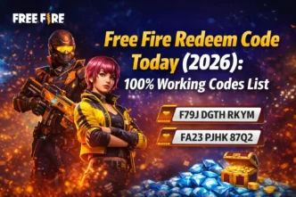 Free Fire Redeem Code Today (2026) showing 100% working codes to claim free diamonds, skins and rewards